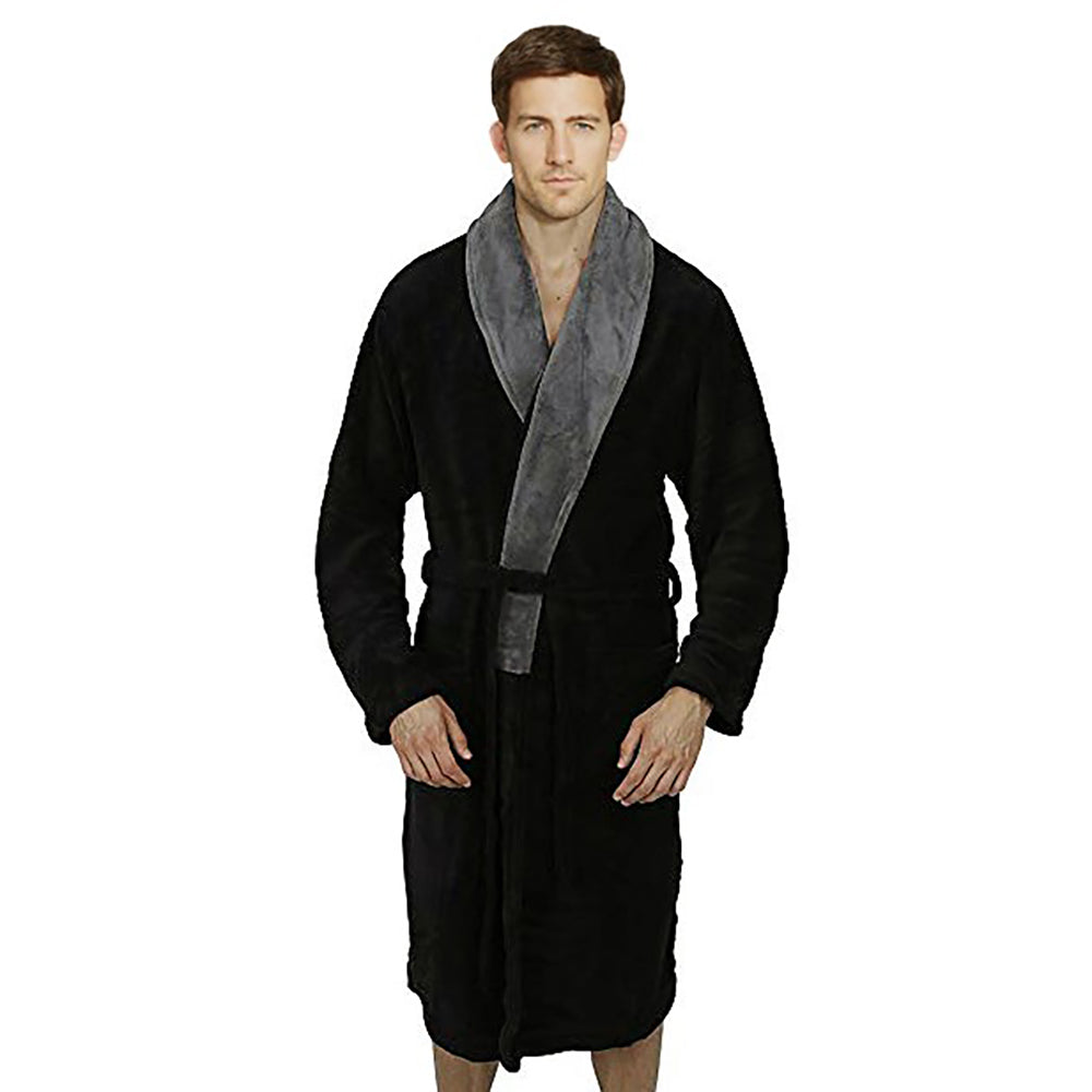 Fleece Bathrobes with Featured Shawl Collar - Black & Grey