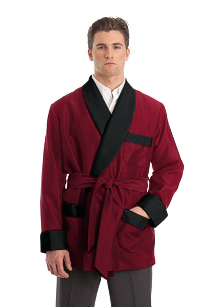 Silky Satin Smoking Jacket - Burgundy with Black Facings