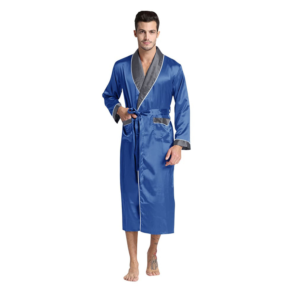 Blue Grey Collar Silky Satin Robe