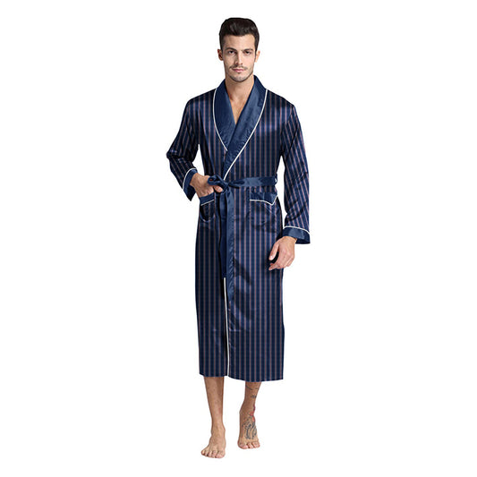 Navy Silky Satin Striped Robe