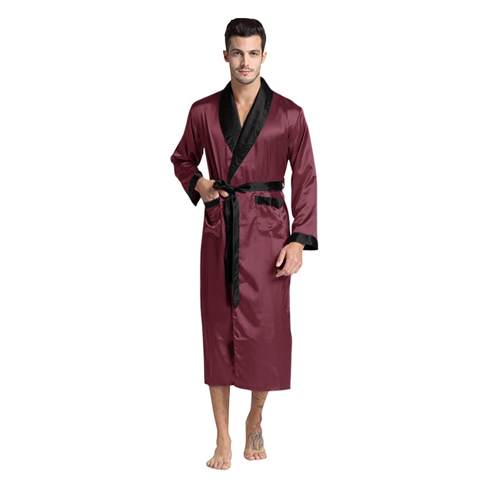 Burgundy Black Collar Silky Satin Robe