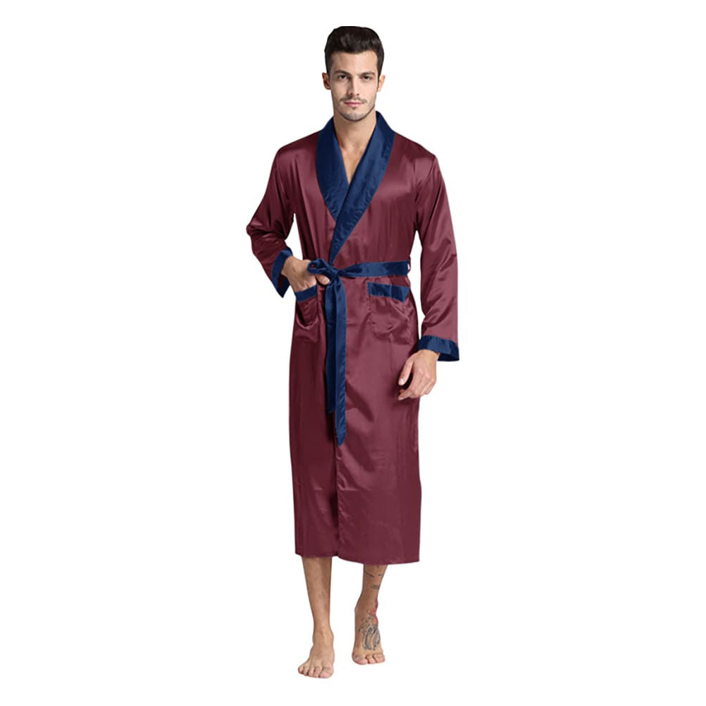 Burgundy Navy Collar Silky Satin Robe Burgundy-Blue / Large | LuxuRobes Burgundy Navy Collar Silky Satin Robe Burgundy-Blue / Large | LuxuRobes