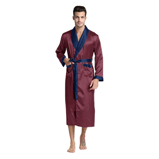 Burgundy Navy Collar Silky Satin Robe