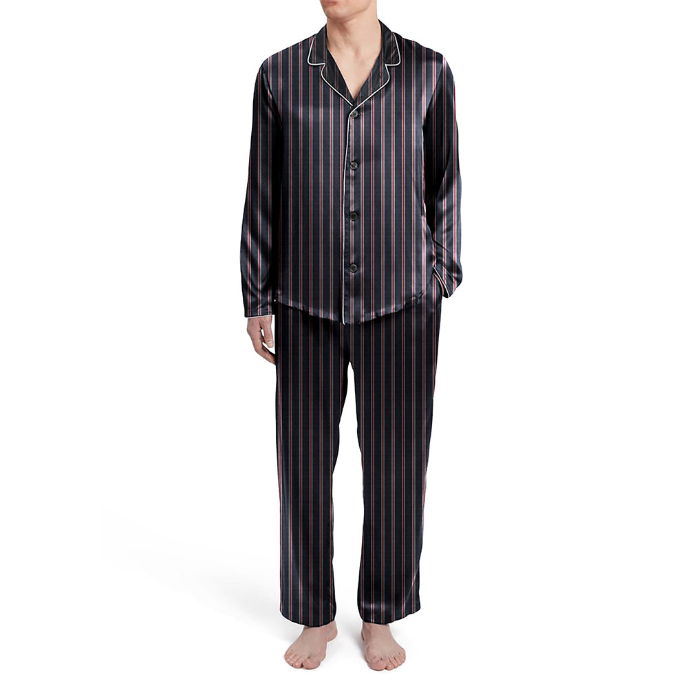 Mens Black Striped Silky Satin Pajama Set