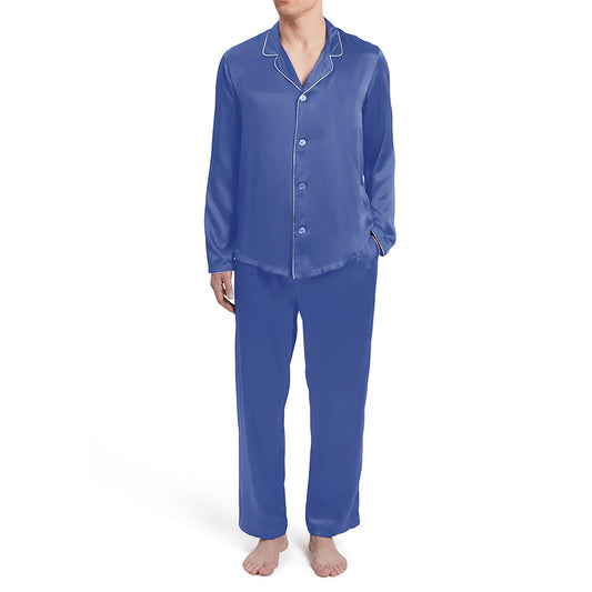 Mens Blue Solid Silky Satin Pajama Set