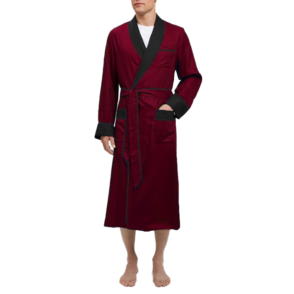 Heavyweight Burgundy Silky Satin Robe with Contrasting Black Shawl Collar