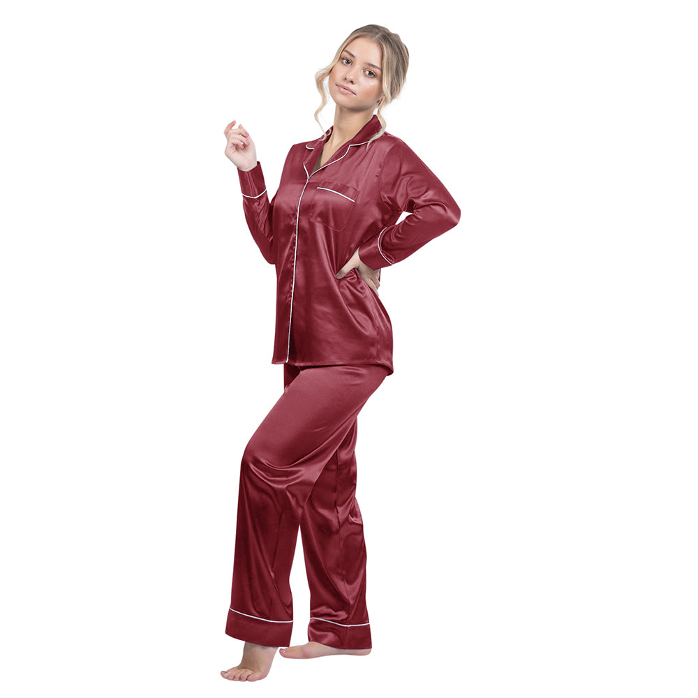 Silky Satin Pajama Set - Burgundy