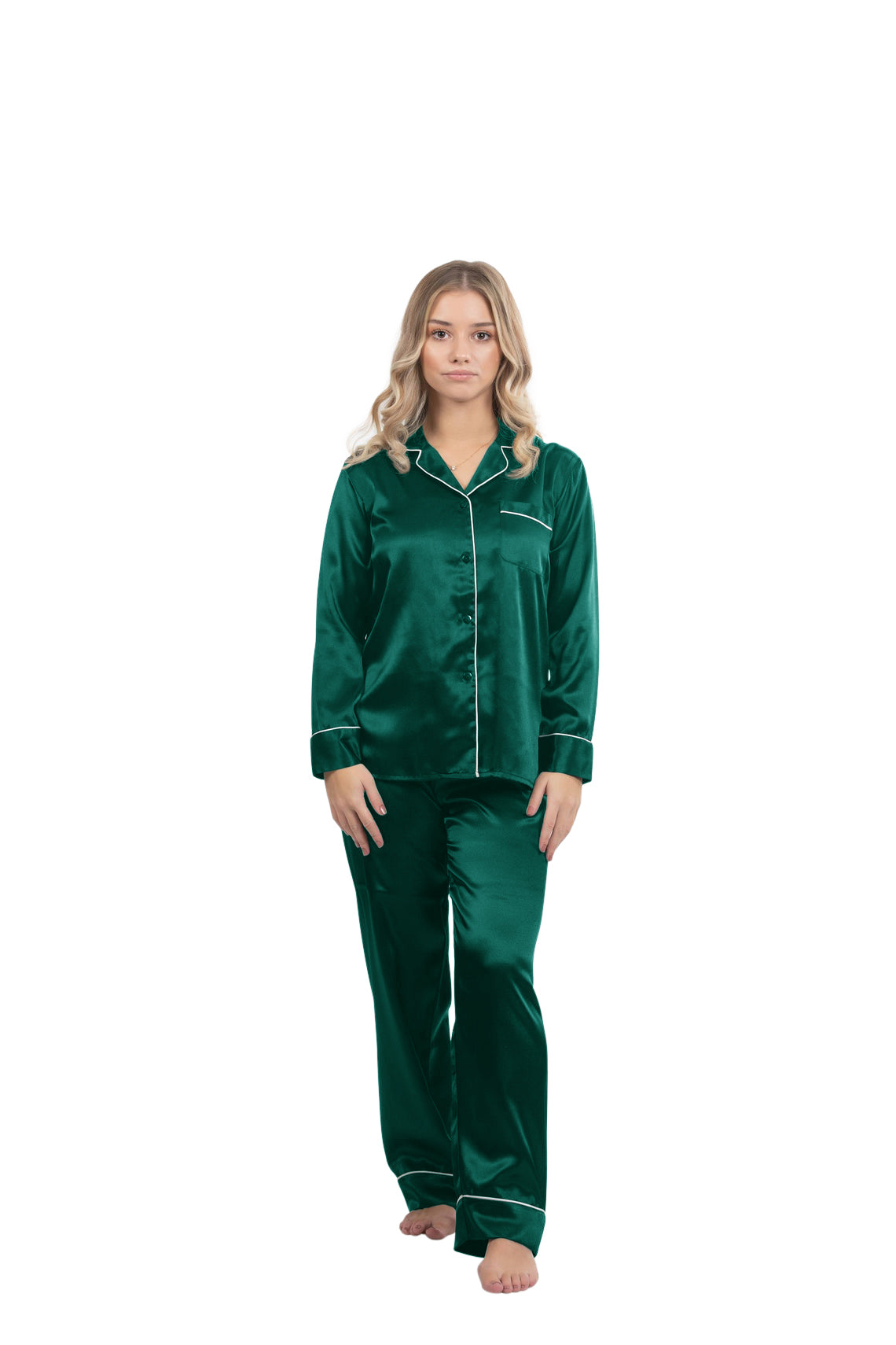 Satin Pajama Sets with contrast piping for women - Green