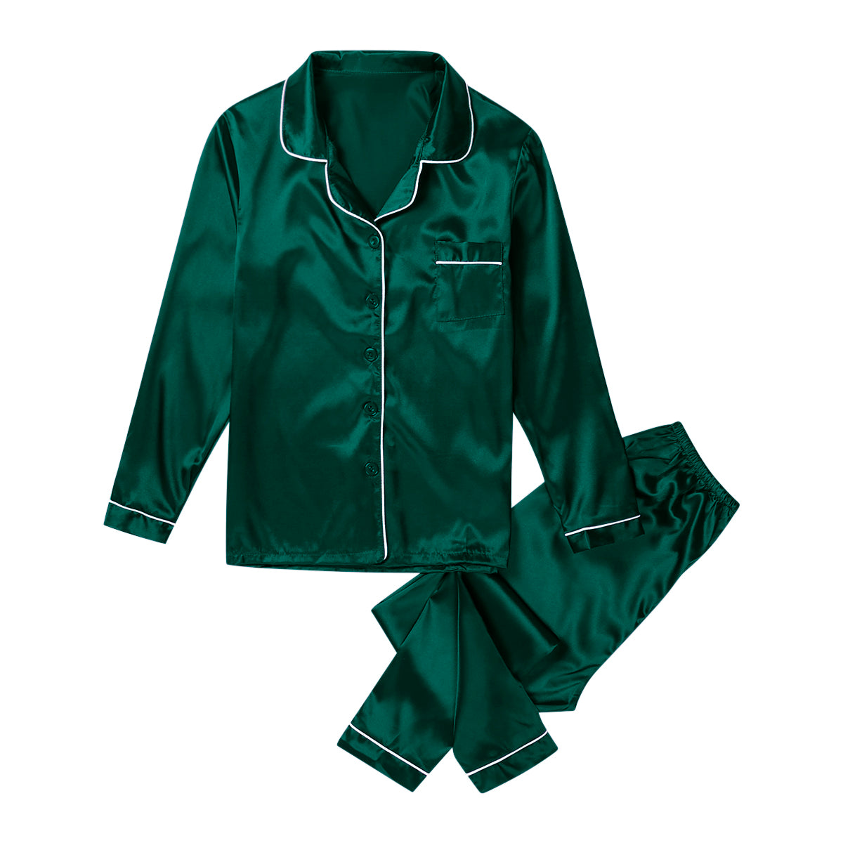 Satin Pajama Sets with contrast piping for women - Green