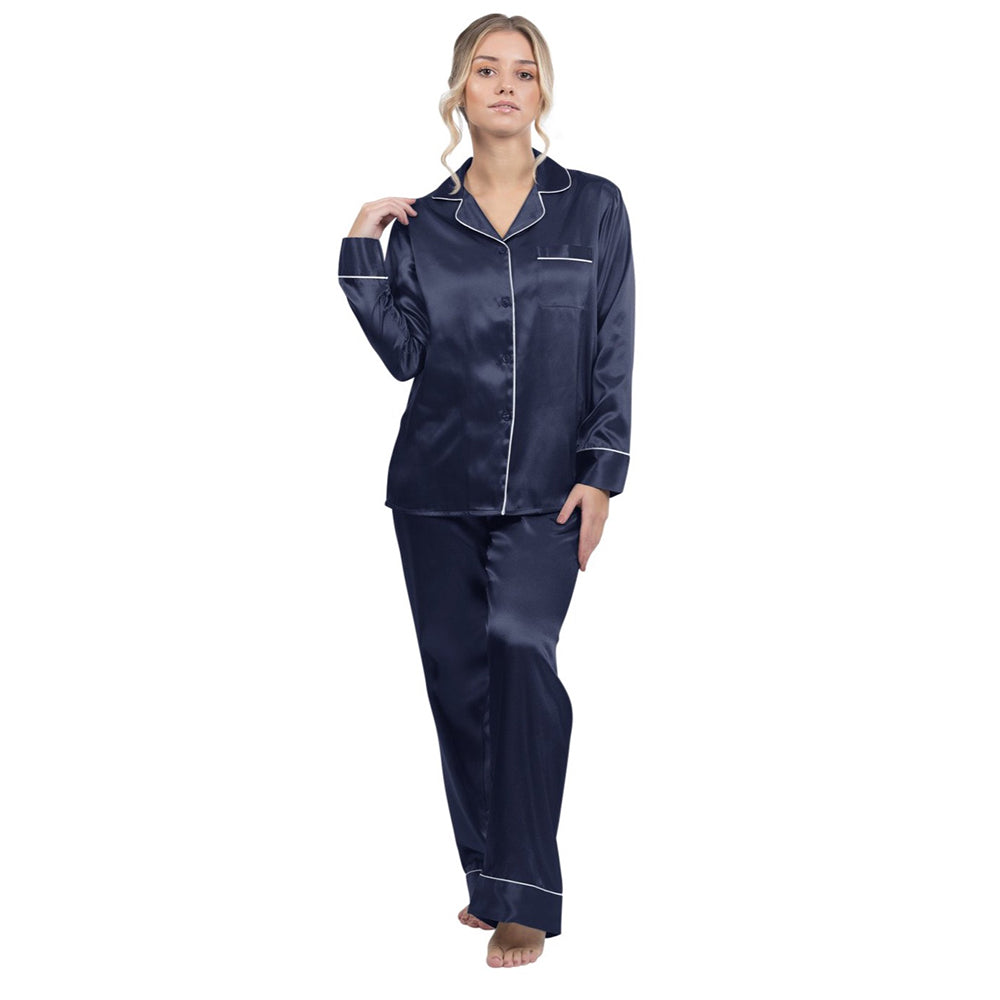 Satin Pajama Sets with contrast piping for women - Navy Blue