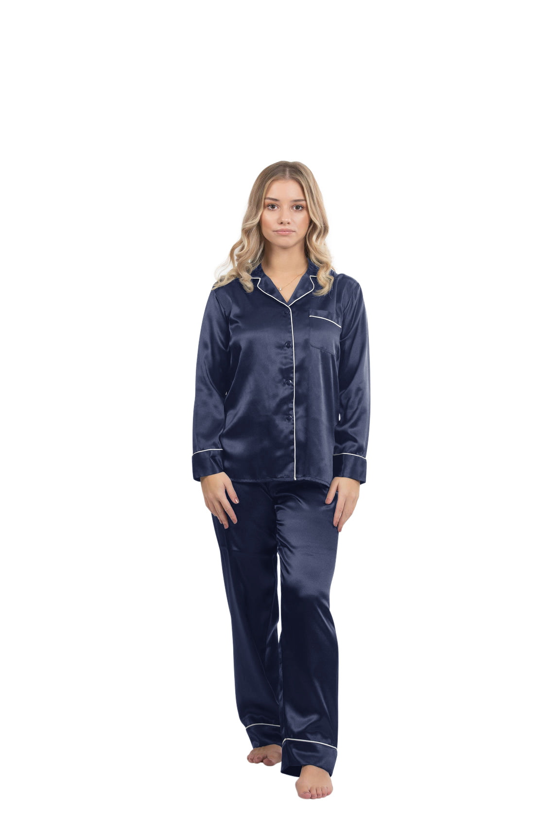 Satin Pajama Sets with contrast piping for women - Navy Blue