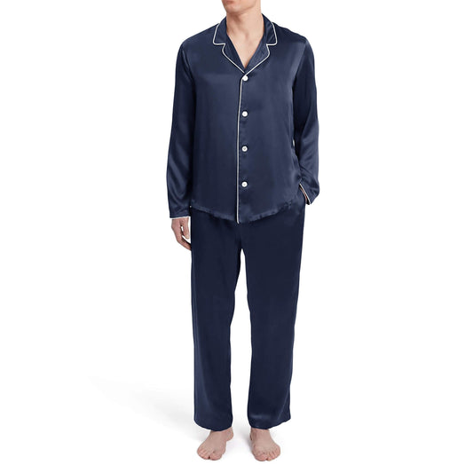 Mens Navy Solid Silky Satin Pajama Set