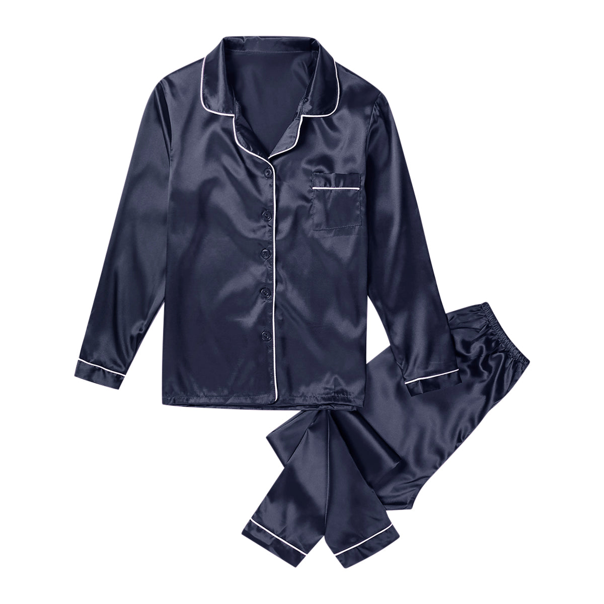 Satin Pajama Sets with contrast piping for women - Navy Blue