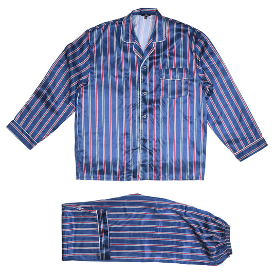 Mens Navy Striped Silky Satin Pajama Set