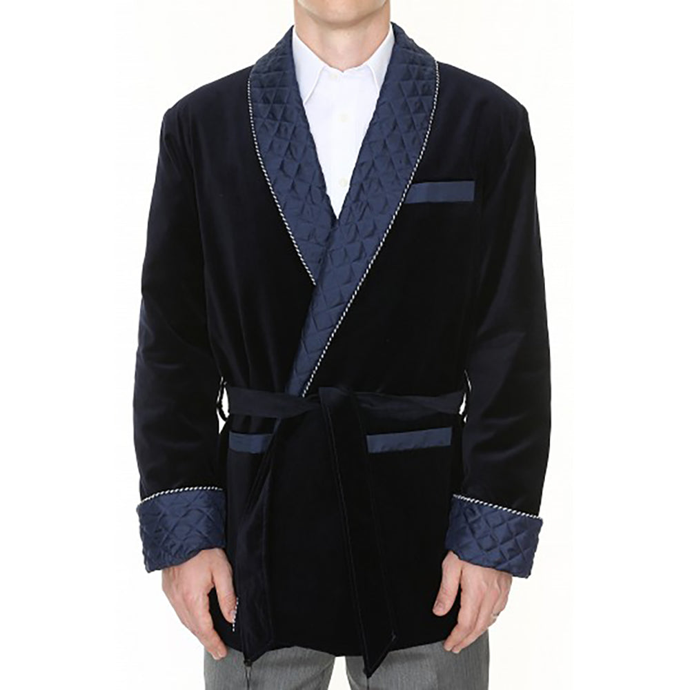 Velvet Smoking Jacket - Navy with Blue Quilted Collar on