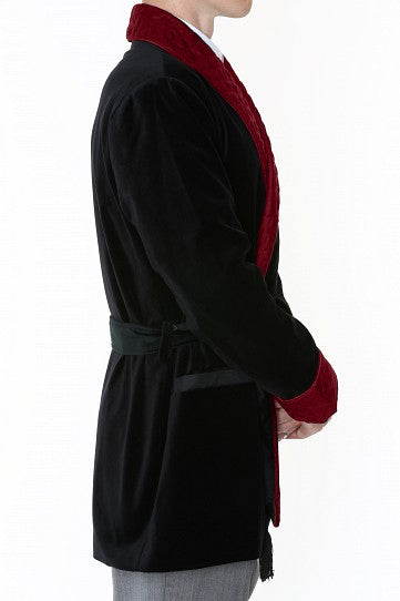 Velvet Smoking Jacket - Black with Burgundy Quilted Collar