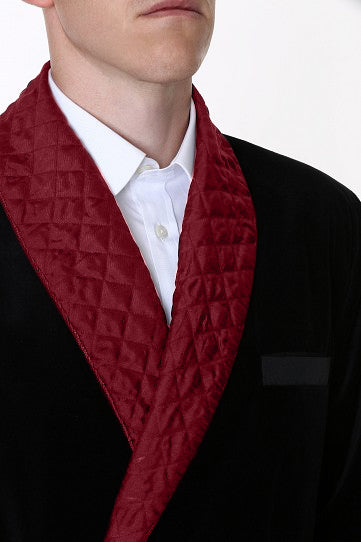 Velvet Smoking Jacket - Black with Burgundy Quilted Collar