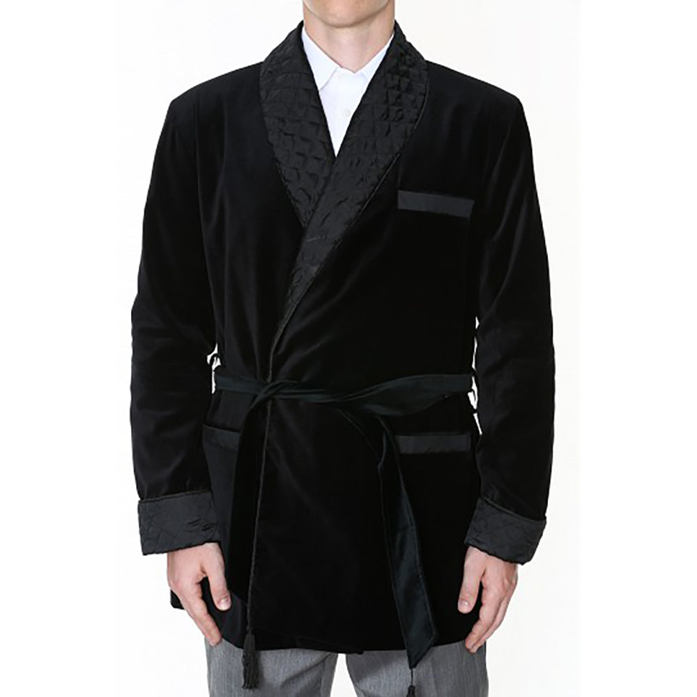 Velvet Smoking Jacket - Black with Quilted Collar