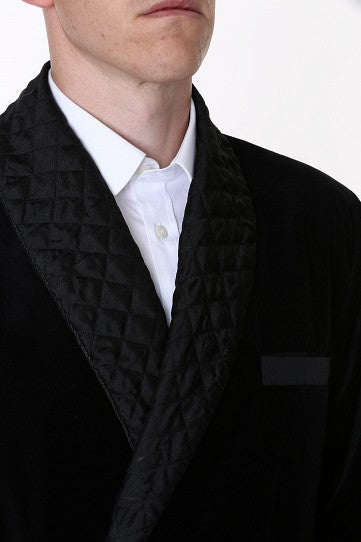 Velvet Smoking Jacket - Black with Quilted Collar