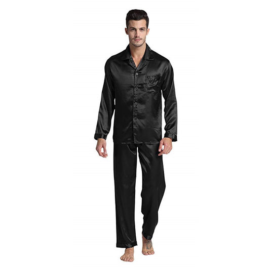 Silky Satin Pajama Set for Men - Solid Black