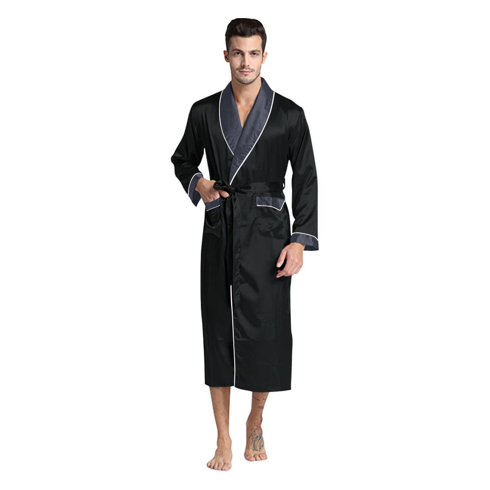 Black Grey Collar Silky Satin Robe – LuxuRobes.com