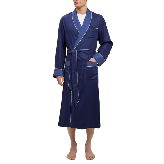 Navy Silky Satin Robe with Contrasting Blue Shawl Collar