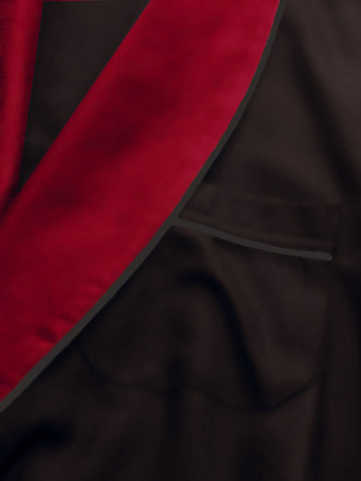 Heavyweight Black Silky Satin Robe with Contrasting Burgundy Shawl Collar