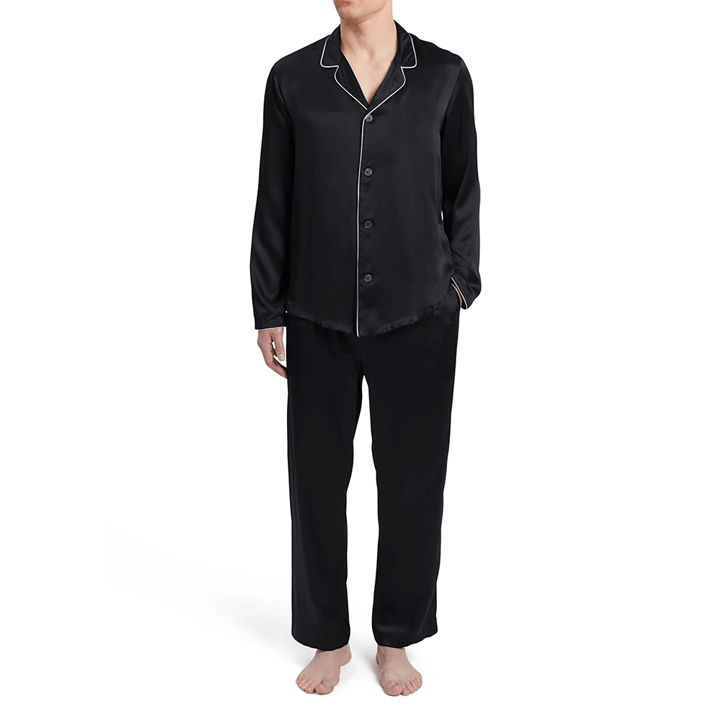 Mens Black Solid Silky Satin Pajama Set