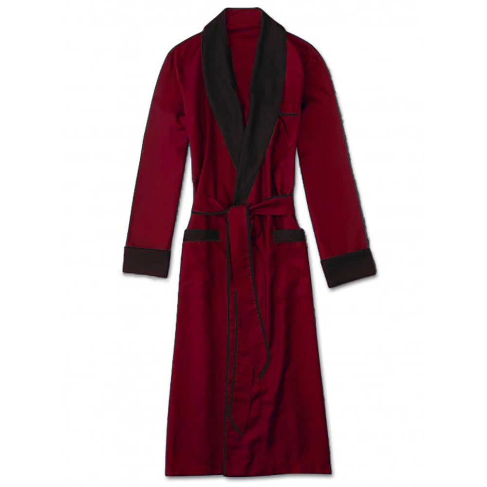 Heavyweight Burgundy Silky Satin Robe with Contrasting Black Shawl Collar