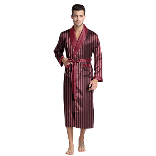 Burgundy Silky Satin Striped Robe