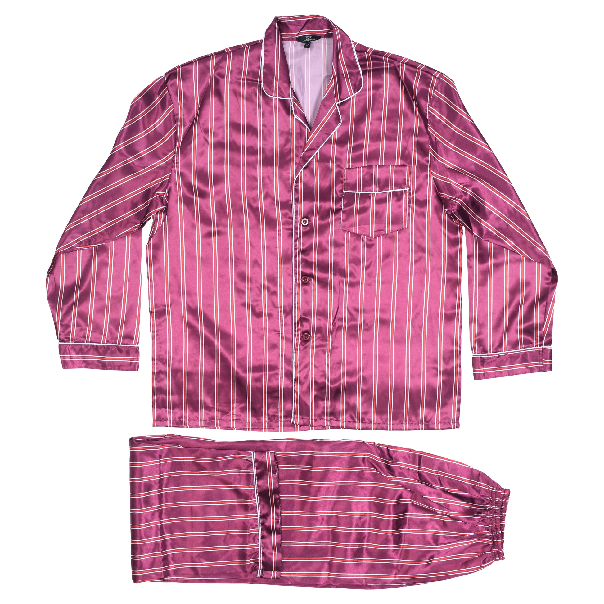 Mens Silk Satin Pajamas - PJ Set Top and Bottom - Burgundy White Piping