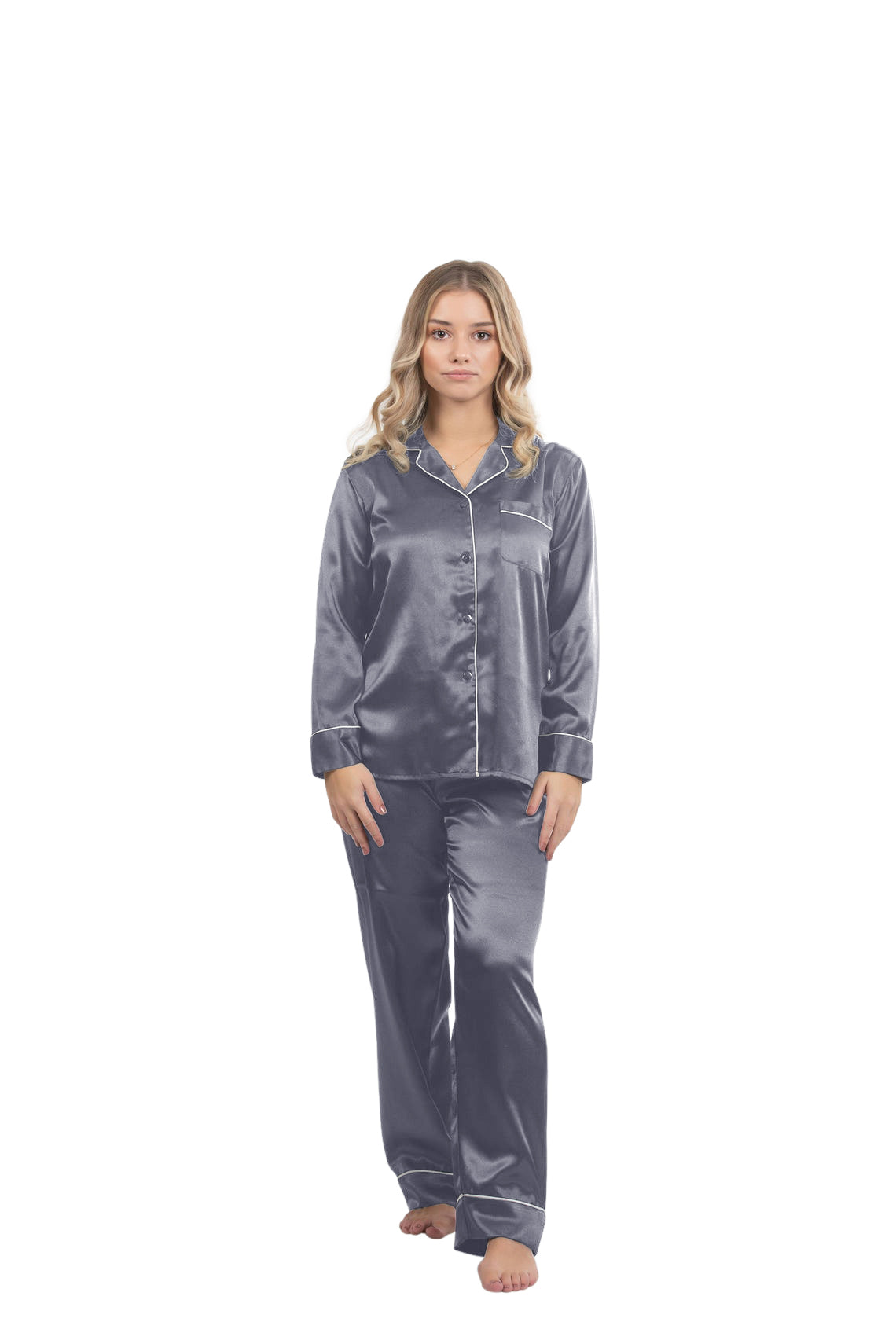 Satin Pajama Sets with contrast piping for women - Grey