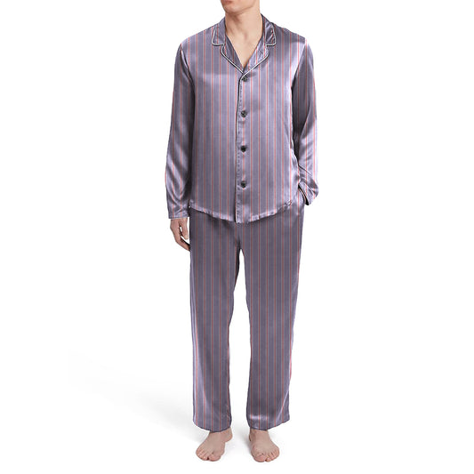 Mens Grey Striped Silky Satin Pajama Set