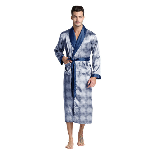Navy Brocade Satin Silky Robe for Men