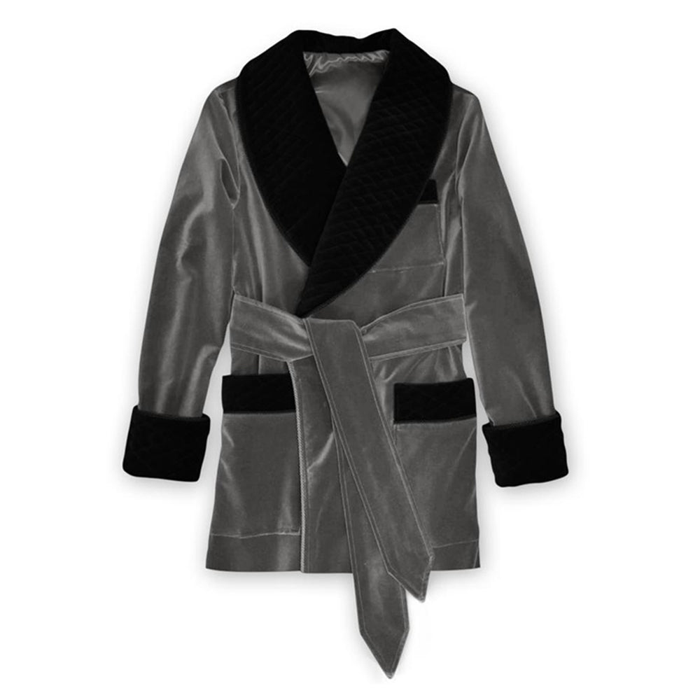 Velvet Smoking Jacket - Grey with Black Quilted Collar