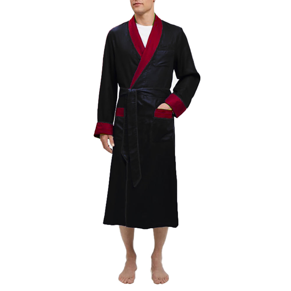 Heavyweight Black Silky Satin Robe with Contrasting Burgundy Shawl Col ...