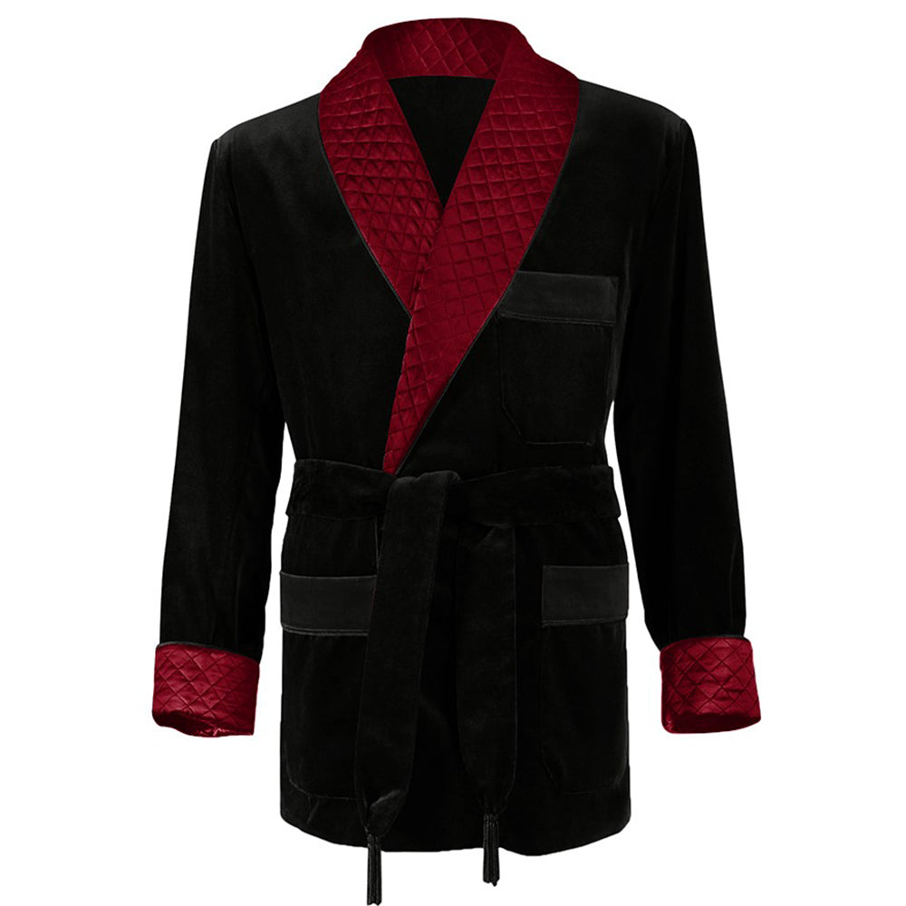 Velvet Smoking Jacket - Black with Burgundy Quilted Collar