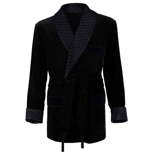 Velvet Smoking Jacket - Black with Quilted Collar