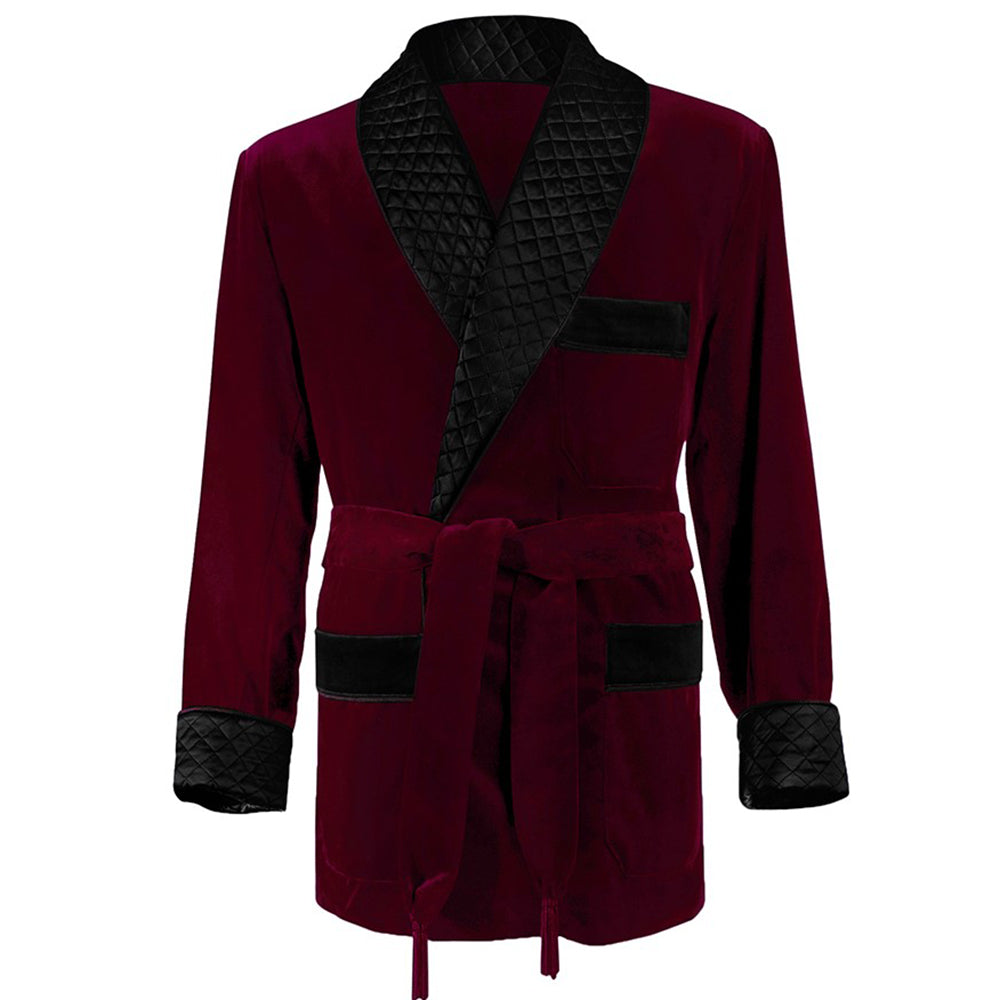 Velvet Smoking Jacket - Burgundy with Black Quilted Collar
