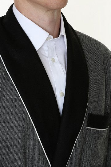 Wool Blended Grey Smoking Jacket with Black Collar